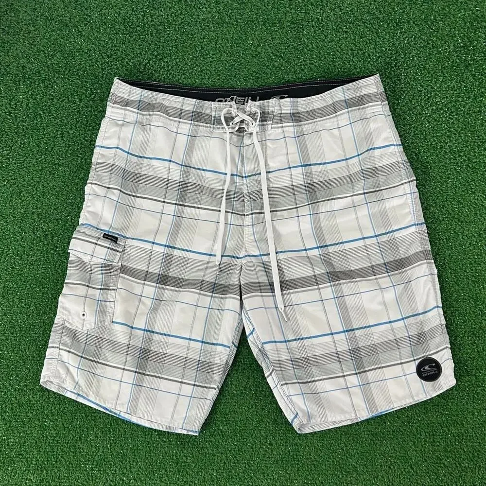 Retro O’Neill Surf Checker White Plaid AOP Board Shorts Size 36